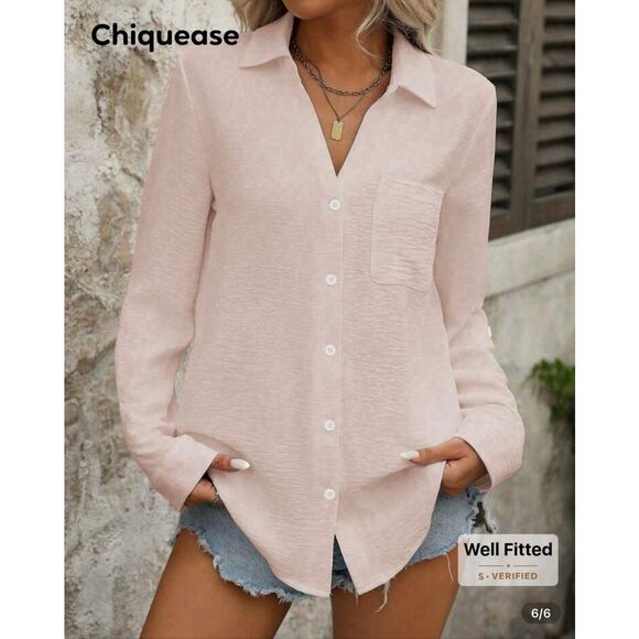 Chiquease Casual Solid Color Pocket Button-Up Collared Long Sleeve Minimalist Sh - Picture 1 of 9